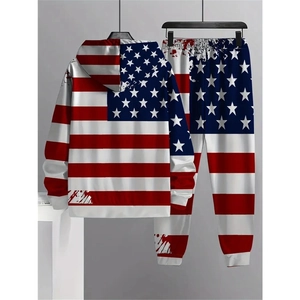 Detail of USA flag pattern hoodies and joggers set with drawstrings and ribbed cuffs