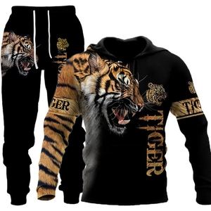 Men's 3D digital tiger print hoodie set with streetwear style and drawstring joggers