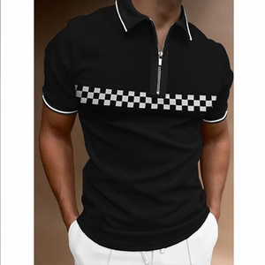 Men's black casual short sleeve polo shirt with zipper collar and checkerboard pattern