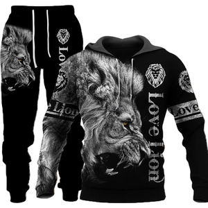 Men's 3D lion print hooded tracksuit featuring realistic black and white lion head art