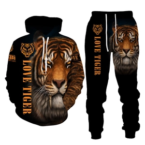 Men's 3D tiger print tracksuit set featuring a black hoodie and matching joggers with graphics