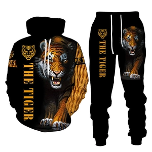 Men's 3D tiger print tracksuit set with hoodie and joggers in black streetwear style