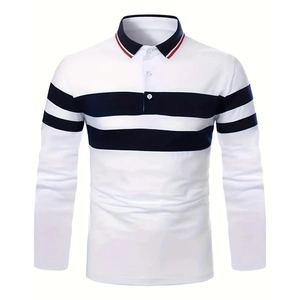 Polo à Manches Longues Décontracté pour Hommes Respirant Rayé Épissage Contraste Col à Revers T-Shirt Mode Coupe Slim Top Sportif