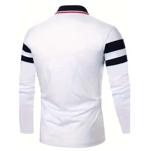 Vue arrière du polo blanc pour hommes à manches longues avec rayures et col contrasté