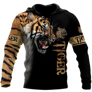 Detailed close-up of tiger head digital print and text on black men hoodie set
