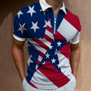 Men's polo shirt with blue and red geometric 3D print and white zipper collar
