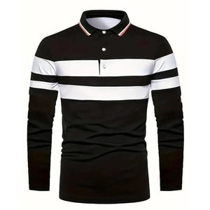 Polo à manches longues pour hommes en noir avec doubles rayures blanches et col respirant