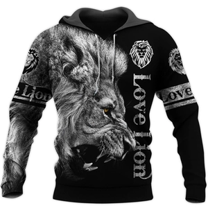 Detailed 3D printed lion head graphic on a black men's hoodie with a sleek drawstring hood