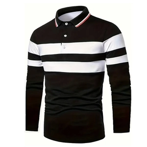 Polo homme noir à manches longues avec rayures horizontales blanches sur la poitrine