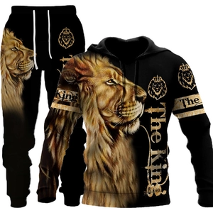 Men Tracksuit Polyester 3D Digital Lion Tiger Print Hoodie Sweatsuit Casual Sports Top And Bottom Long Sleeve Streetwear