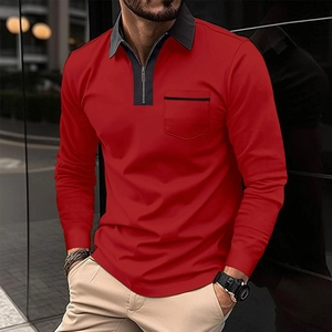Men Business Casual Long Sleeve Polo Shirt Zip Neck Patchwork Contrast Color Slim Fit Cotton Blend Top With Chest Pocket