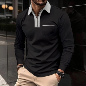 Men's autumn long sleeve Polo shirt with zipper collar and contrast pocket detail