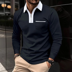 Men's navy long sleeve polo shirt with white zipper collar and contrast chest pocket