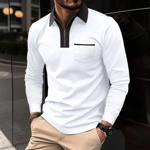 Detail shot of men's polo shirt zipper placket and black contrast pocket design