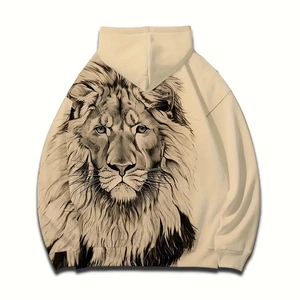 Beige hoodie with a 3D lion head sketch print on the back, neutral style streetwear
