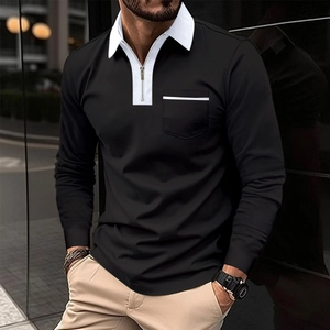 Detail of men's black polo shirt with white contrast collar and functional metal zipper