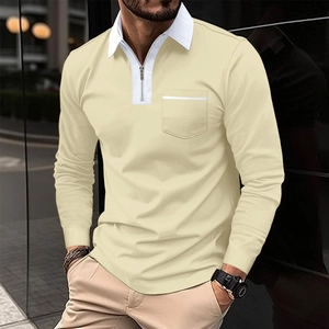 Men's khaki long sleeve zip polo shirt with white contrast collar and chest pocket detail