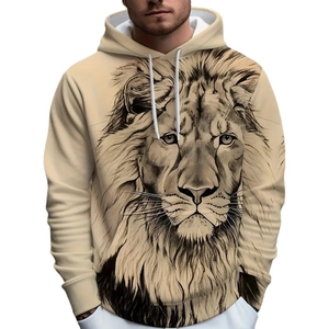 Unisex beige hoodie featuring a detailed 3D lion head graphic print and drawstring hood