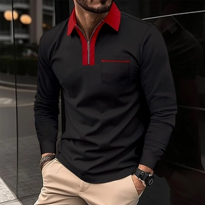 Close-up of contrast zipper neckline and red trimmed pocket on men's black polo shirt