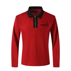 Detail of red men's polo shirt with black zipper collar and front chest pocket