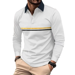 Polo à manches longues pour homme en blanc avec col bleu et rayures jaunes