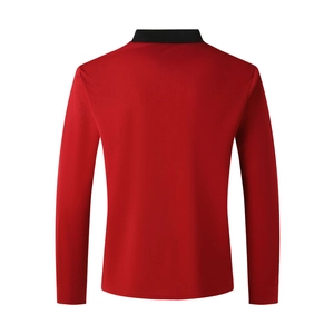 Rear view of red long sleeve polo shirt with black contrast collar and piqué fabric