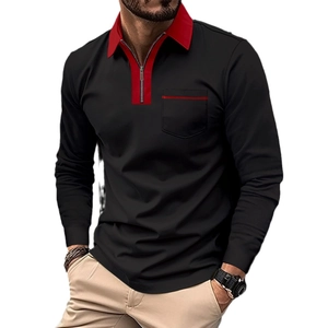 Men's slim long sleeve polo shirt with red collar, zipper placket and chest pocket detail