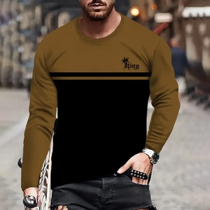 Men Casual Long Sleeve T-Shirt Loose Fit Round Neck King Letter Crown Digital Print Color Block Streetwear Tee Autumn Top