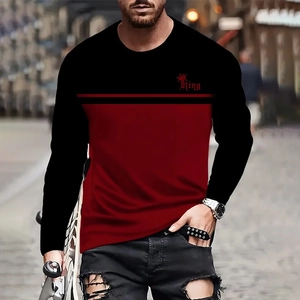 Men's loose crew neck long sleeve T-shirt with King letter print and color block design
