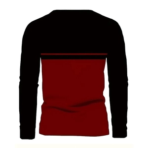 Men's loose round neck long sleeve T-shirt with black and burgundy color block design