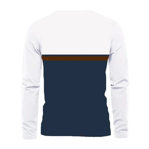 Back view of men casual long sleeve tee with white brown and navy color block design