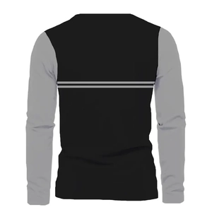 Detail view of the back of a black and grey long sleeve T-shirt with athletic stripes