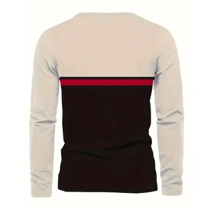 Detail view of the back of a tricolor long sleeve tee in white, black, and red stripes