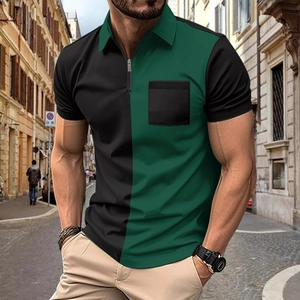 Polo casual da uomo con design a contrasto nero e verde e colletto con zip