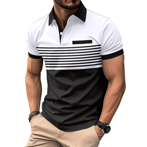 Detail of men's polo shirt featuring black and white contrast stitching and striped texture