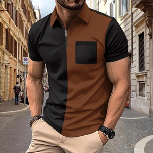 Polo da uomo slim fit con blocchi di colore, zip a un quarto e tasca in marrone e nero