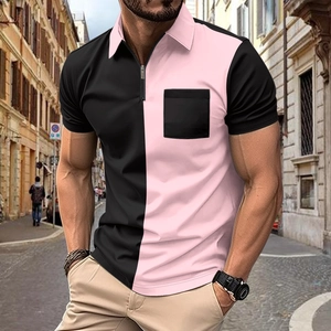 Polo da uomo slim fit con design bicolore nero e rosa e cerniera sul colletto