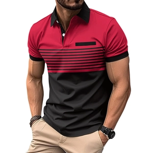 Detail of red and black color-block polo shirt with decorative chest pocket and stripes