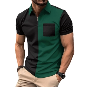 Polo da uomo slim fit bicolore verde scuro e nero con colletto a zip e taschino