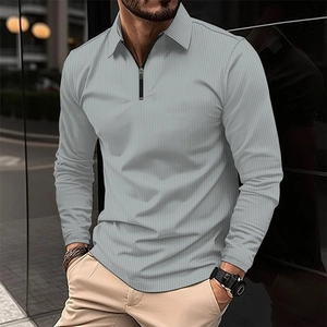 Herren Slim Fit Langarm-Poloshirt in Hellgrau mit Reißverschluss und Mikrotextur-Gewebe