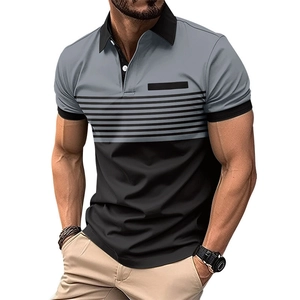 Macro detail of men's polo shirt with grey and black patchwork and striped chest pattern