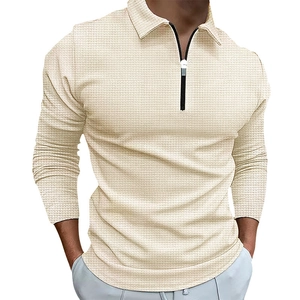 Men's waffle knit quarter-zip long sleeve polo shirt in beige with ribbed cuffs