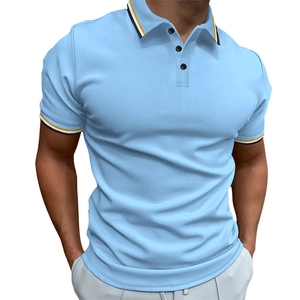 Close-up of ribbed cuffs and collar with contrast stripes on a blue Polo shirt