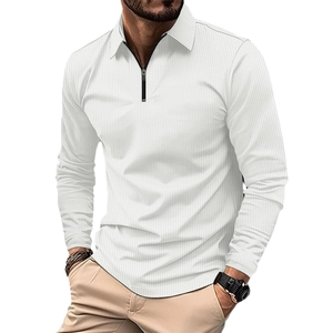 Weißes Herren Langarm Polo-Shirt mit Reißverschluss-Kragen und Waffelstruktur