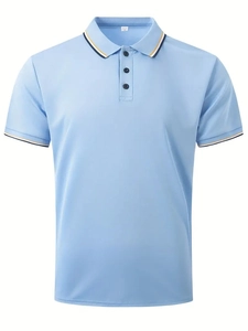 Close-up of light blue polo shirt collar with orange and white striped ribbed trim