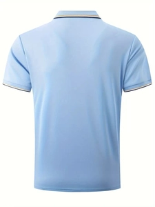 Rear view of light blue men's polo shirt with striped rib-knit collar and sleeve details
