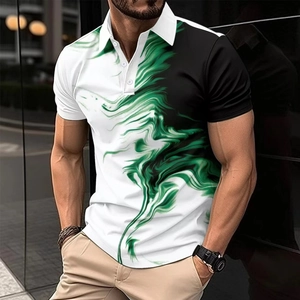 Polo Casual da Uomo Stampa Astratta Marmorea Blocchi di Colore Manica Corta Slim Fit Risvolto Top Business T-Shirt Estiva