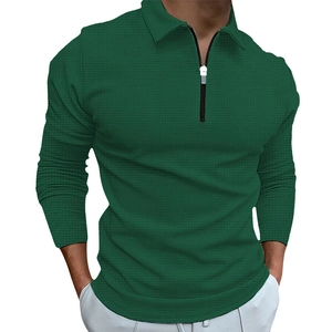 Men's forest green waffle knit long sleeve polo shirt with half-zip collar design