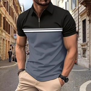 Polo da uomo elegante bicolore nero e grigio con chiusura lampo e maniche corte