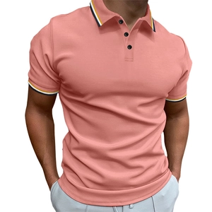 Detail of coral pink polo shirt with ribbed striped collar and three-button placket